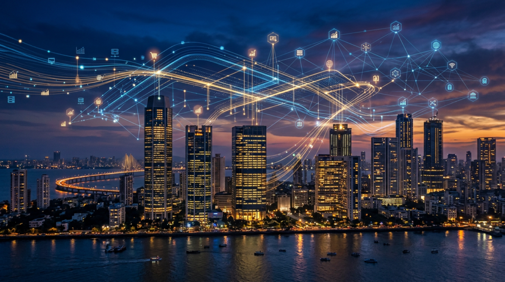 Digital marketing agency services in Mumbai - skyline with digital data streams and network nodes