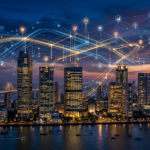 Digital marketing agency services in Mumbai - skyline with digital data streams and network nodes