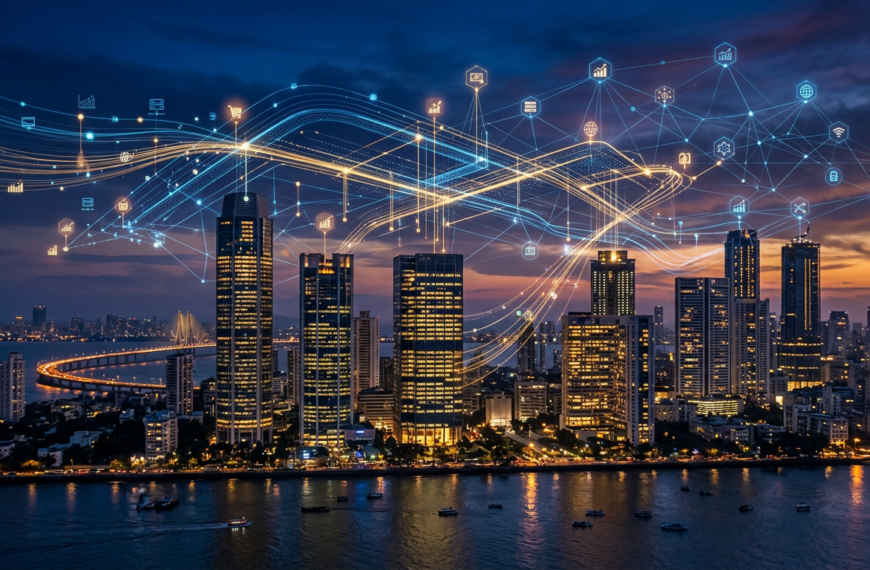 Digital marketing agency services in Mumbai - skyline with digital data streams and network nodes