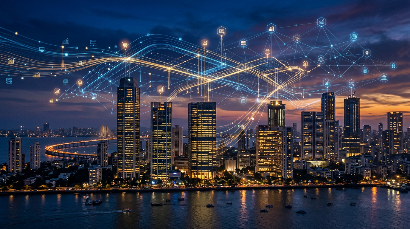 Digital marketing agency services in Mumbai - skyline with digital data streams and network nodes