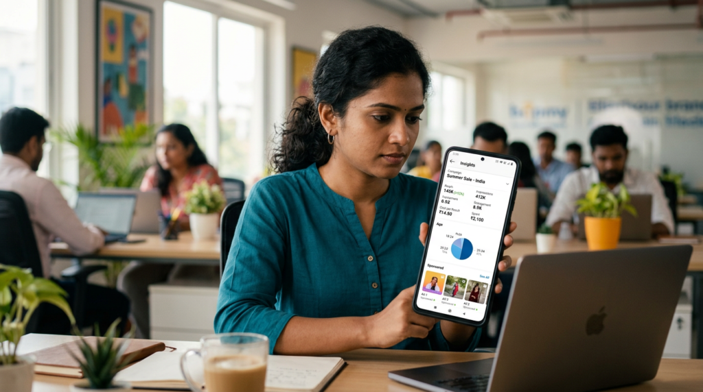 Indian digital marketer reviewing Instagram Ads campaign analytics on smartphone