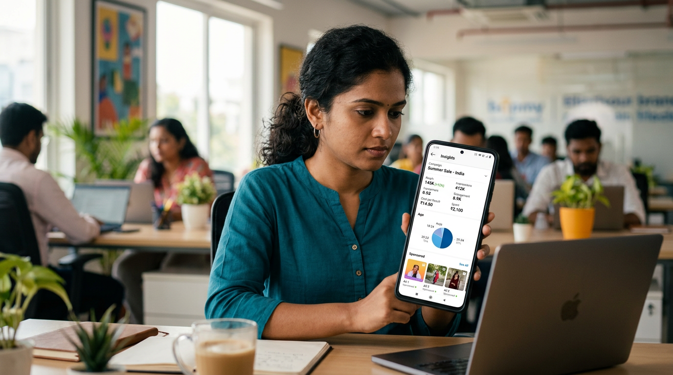 Indian digital marketer reviewing Instagram Ads campaign analytics on smartphone