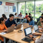 Indian college students learning digital marketing skills in modern university campus