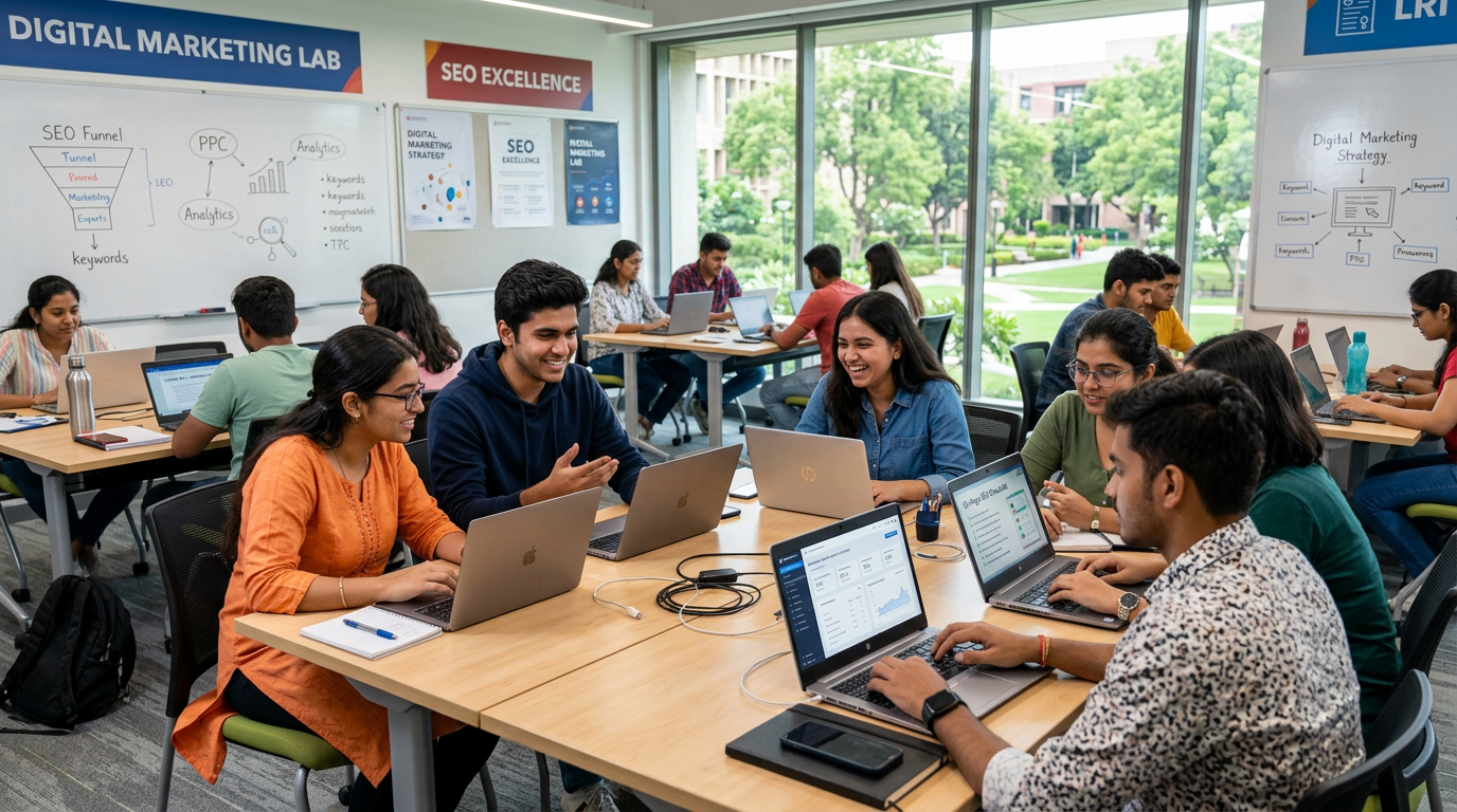 Indian college students learning digital marketing skills in modern university campus
