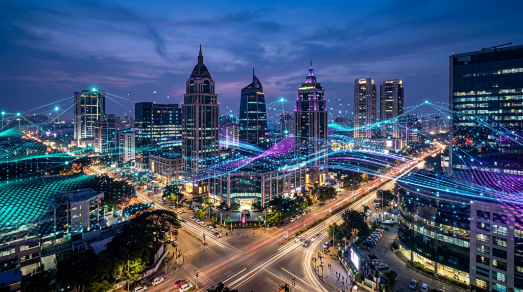 Digital marketing agency services in Bangalore - cityscape with digital network connections