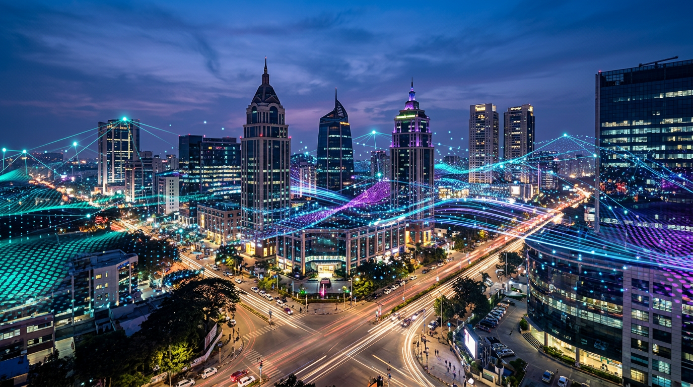 Digital marketing agency services in Bangalore - cityscape with digital network connections
