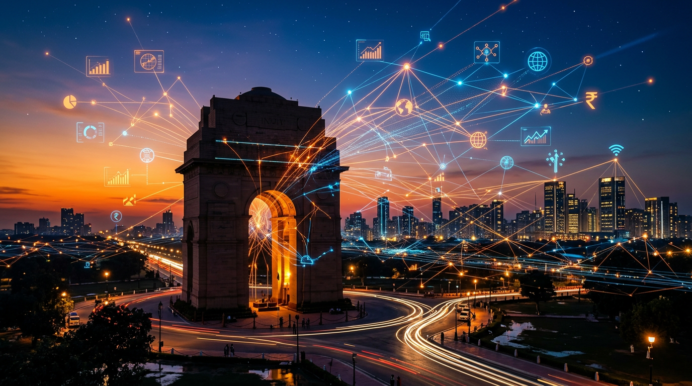 Digital marketing agency services in Delhi NCR - India Gate with digital network connections