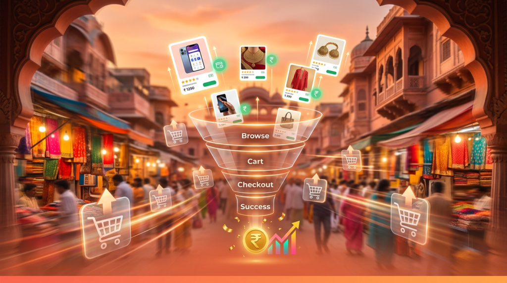 Digital marketing strategy for ecommerce growth in India - online shopping with product cards and conversion funnels