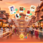 Digital marketing strategy for ecommerce growth in India - online shopping with product cards and conversion funnels
