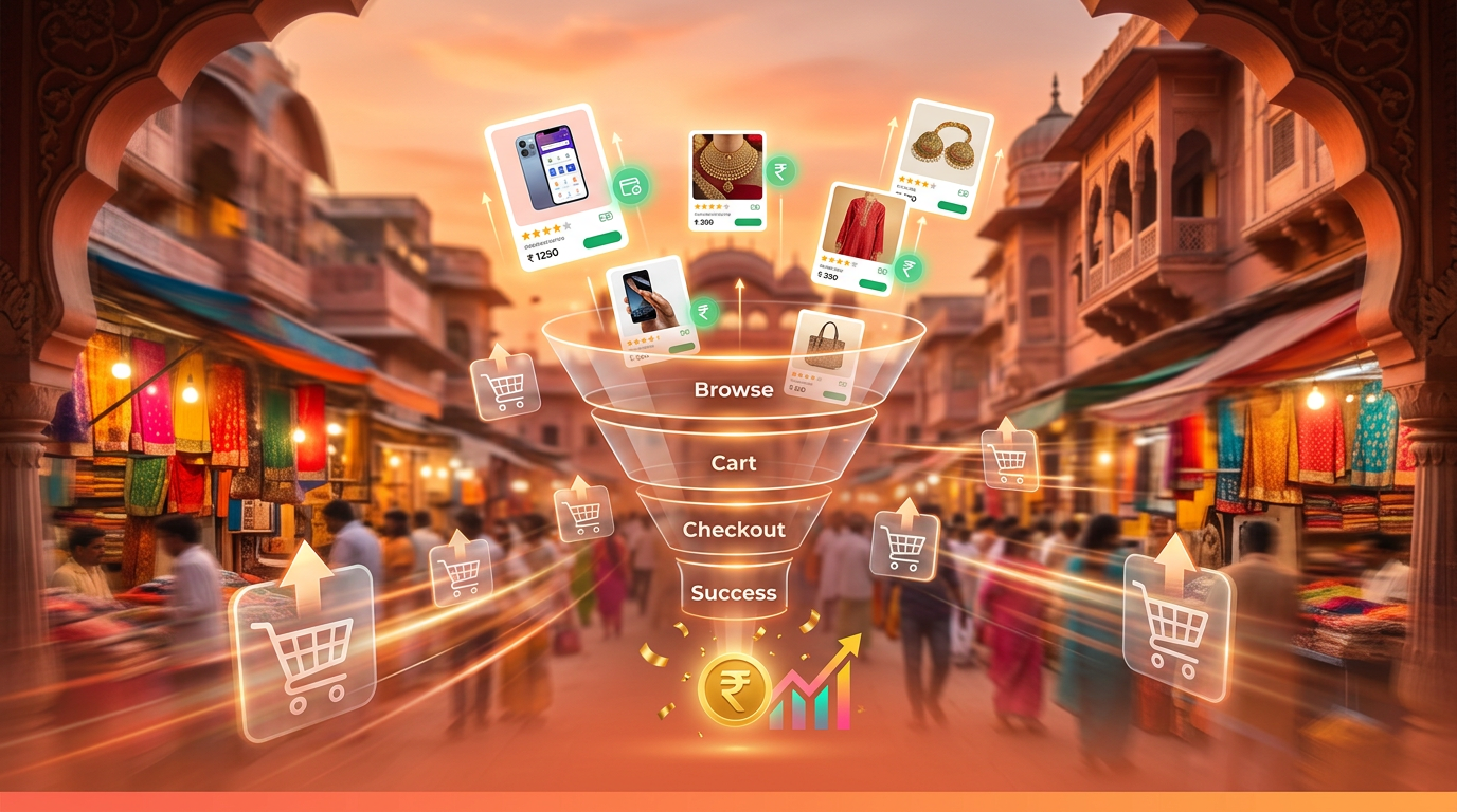 Digital marketing strategy for ecommerce growth in India - online shopping with product cards and conversion funnels