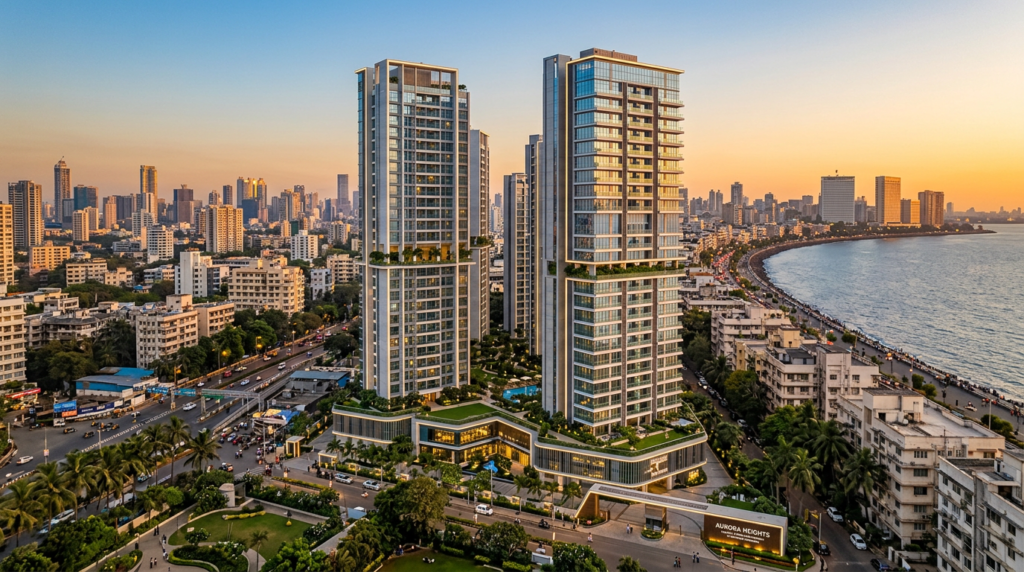 Modern luxury apartment towers in Indian city skyline for real estate digital marketing