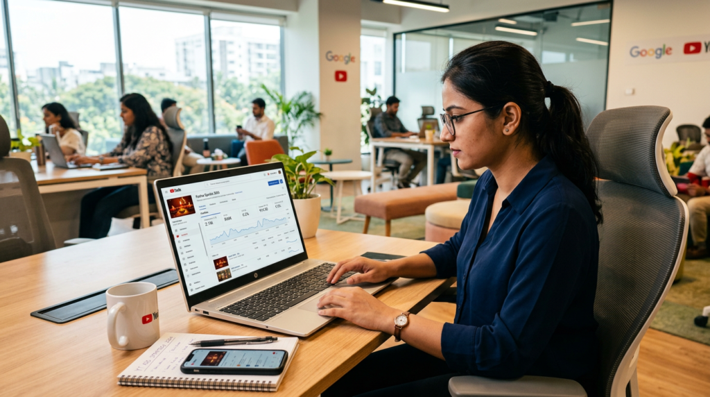 Indian digital marketer managing YouTube advertising campaign on laptop