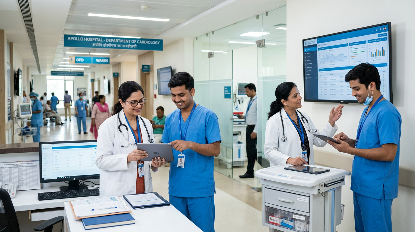 Indian healthcare professionals using digital marketing technology in a modern hospital