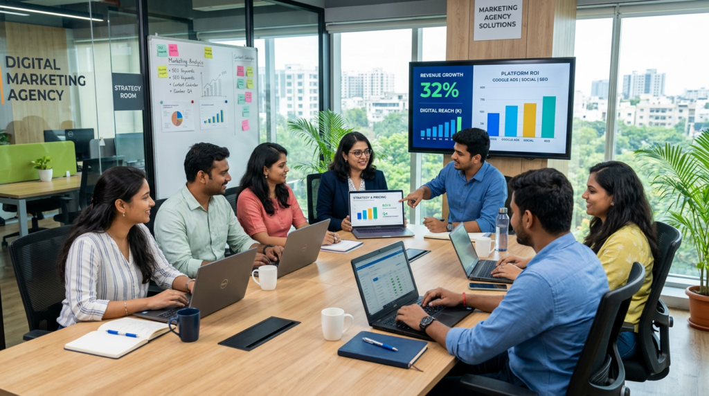 Indian digital marketing agency team discussing pricing and strategy in modern office